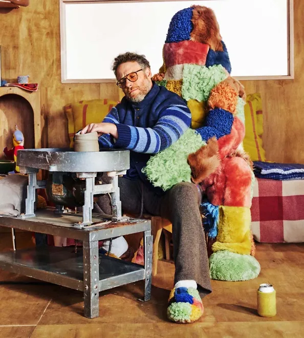 Seth Rogen is making pottery while wearing the UGG X Tes Patchwork Slide.