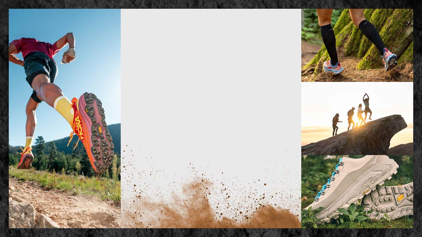 Collage of images of the outdoors and people running.