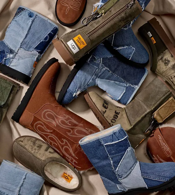 Shoes from the UGG Gallery Dept. Collaboration are stacked on top of each other on a white background. 