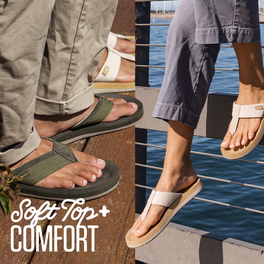 Collage of people wearing Sanuk Soft Top Plus Sandals