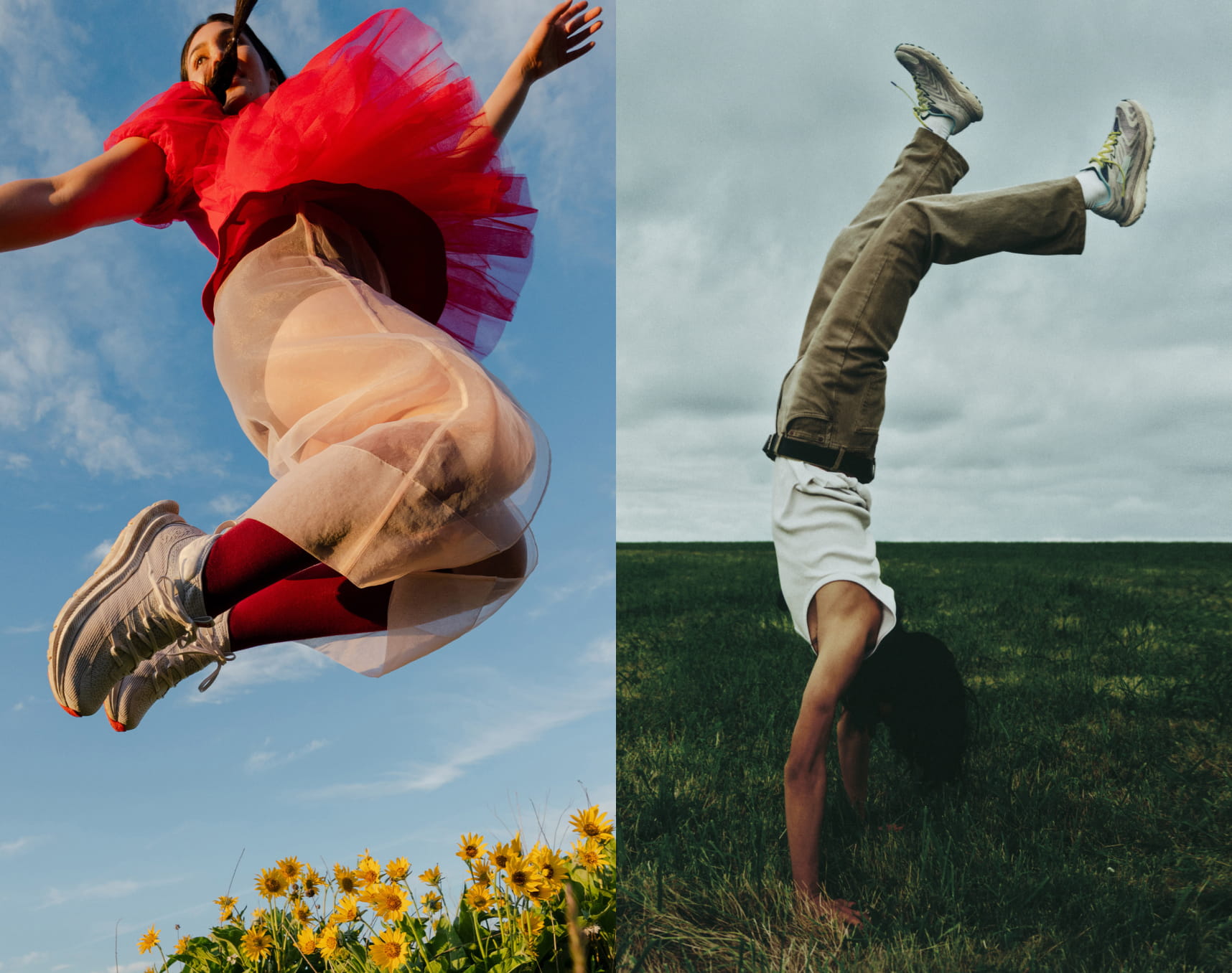 Un collage de deux images montrant des personnes avec des chaussures HOKA en train de sauter et de faire le poirier.