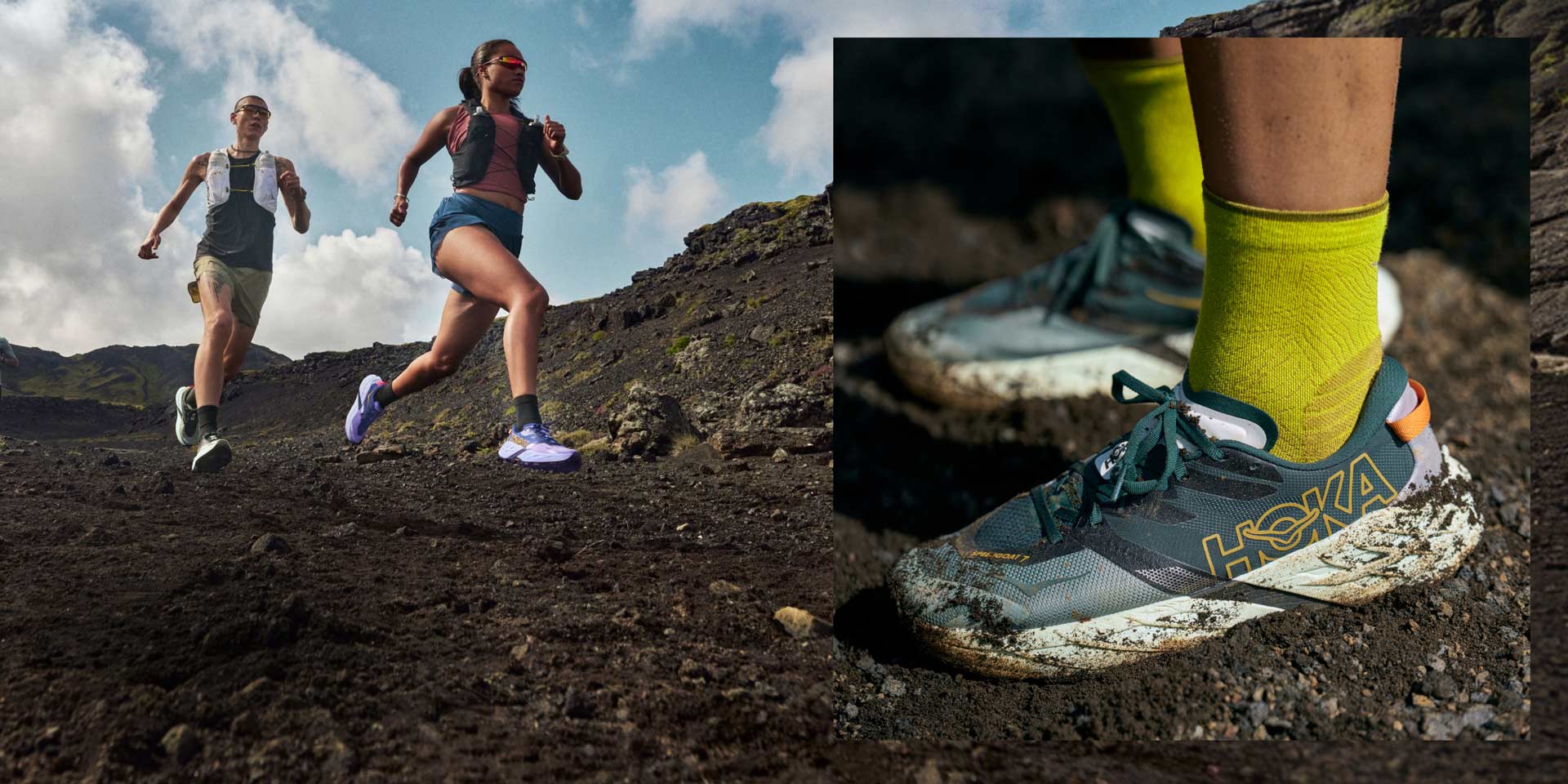Image de deux personnes courant sur un sentier de terre et gros plan sur les chaussures Speedgoat 7.