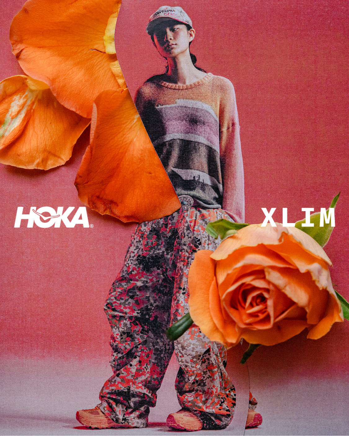 Photo intégrale d’une personne portant une tenue colorée et du modèle HOKA XLIM.