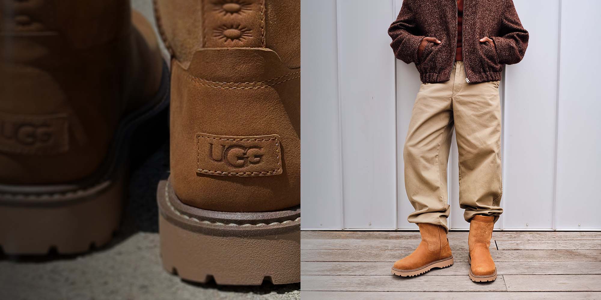 A close-up of the UGG Birch boot and a man wearing it